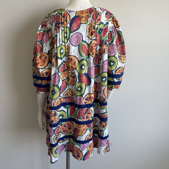 Briton Court Puff Sleeves Tiered Cotton Poplin Dress Fruits Print Sz Large NWT - Picture 9 of 16